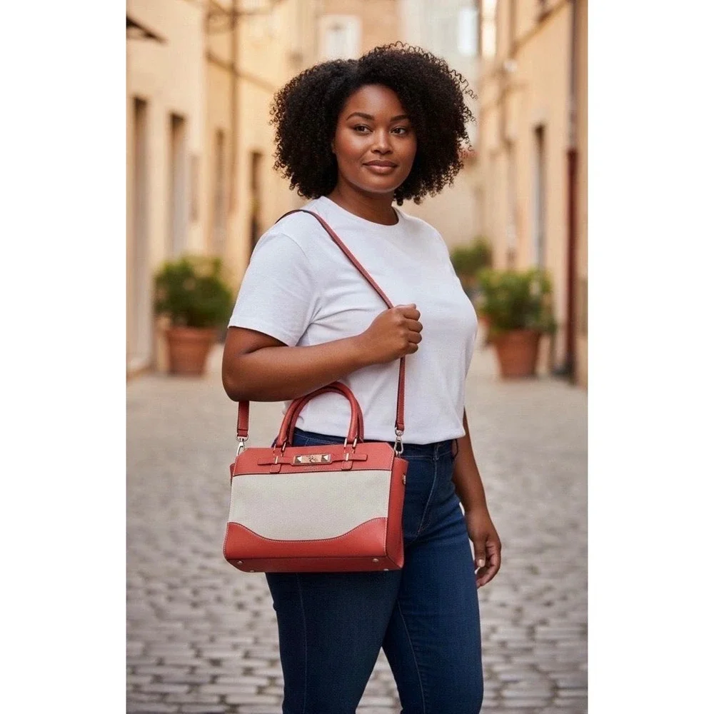 GUESS Satchel Handbag Burnt Orange Canvas Leather Trim Top Handle Crossbody Bag‎